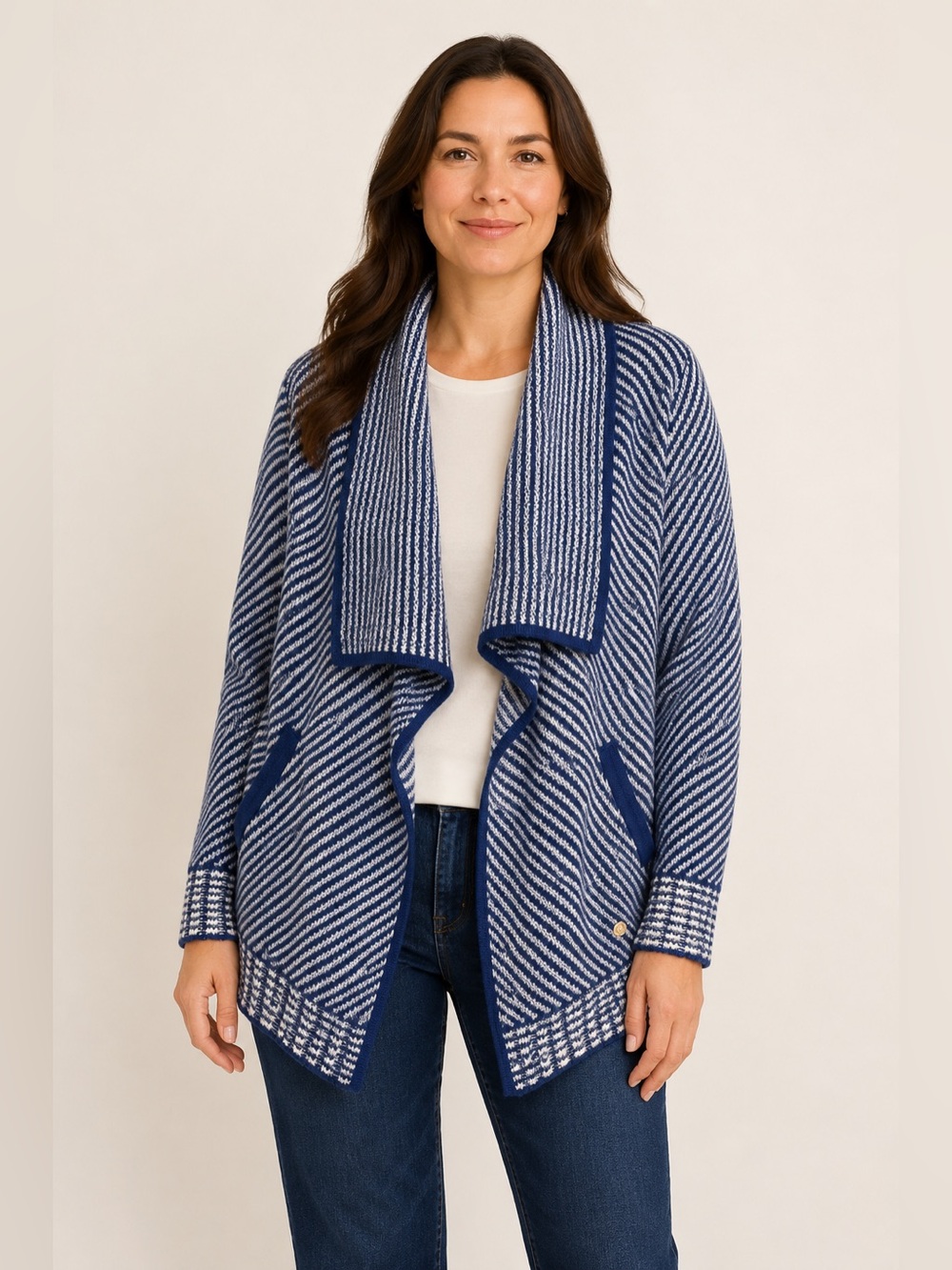 Southern Tide Merino Wool Cashmere Striped Waterfall Cardigan Blue Cream Small
